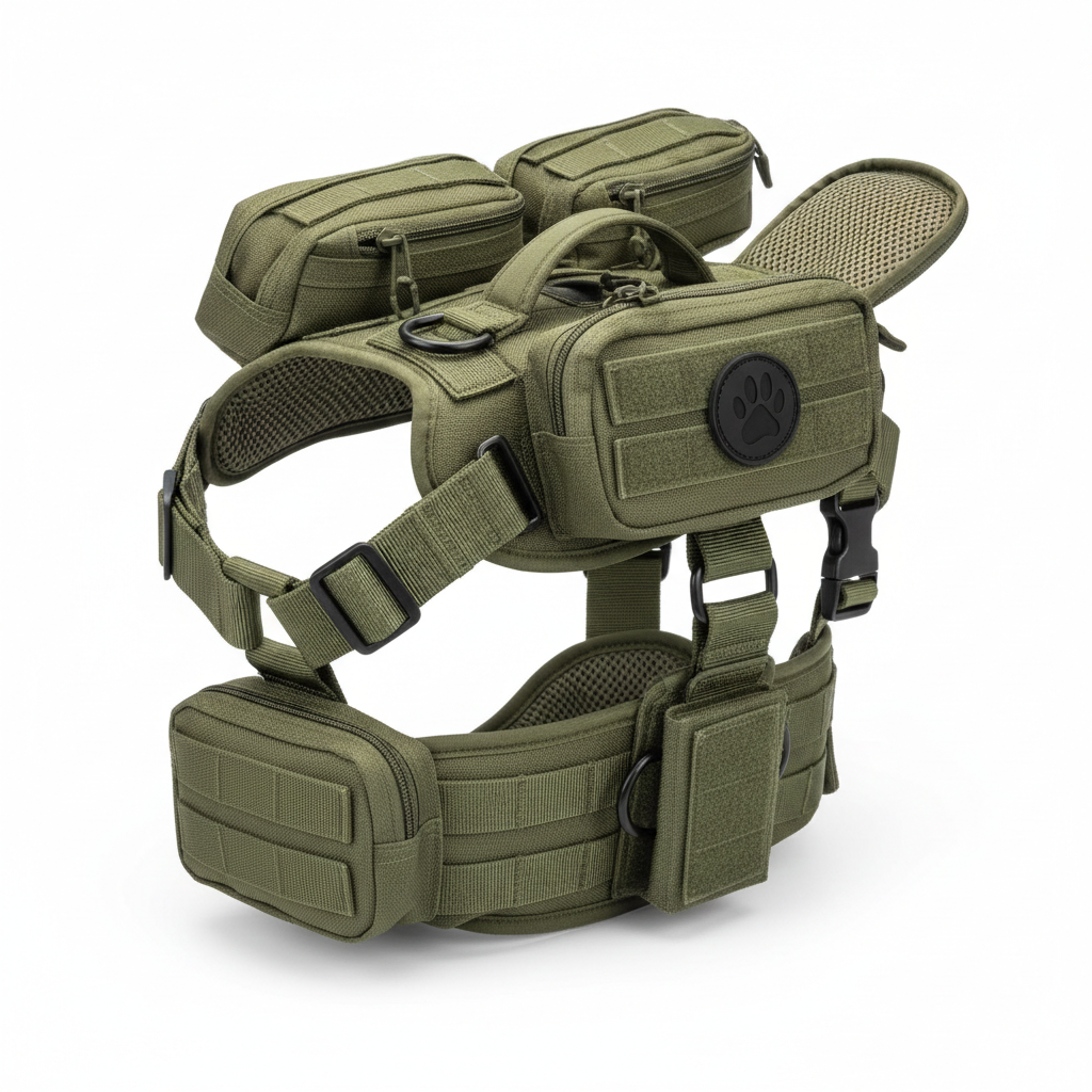 Army green tactical dog harness with removable pockets
