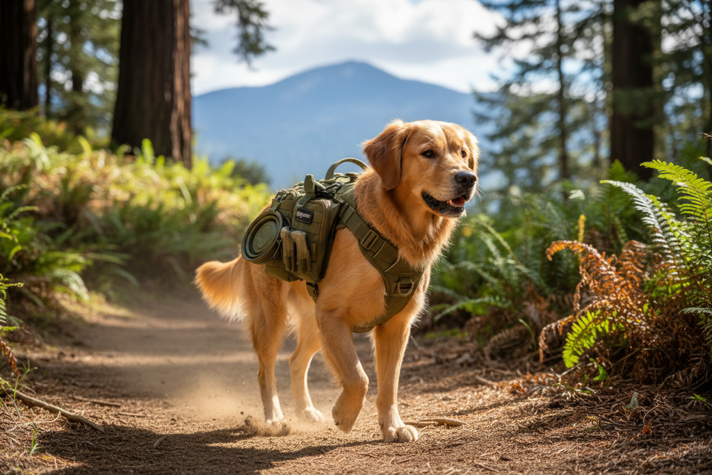 Dog hiking with tactical harness