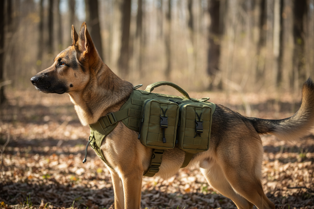 Dog wearing tactical harness outdoors